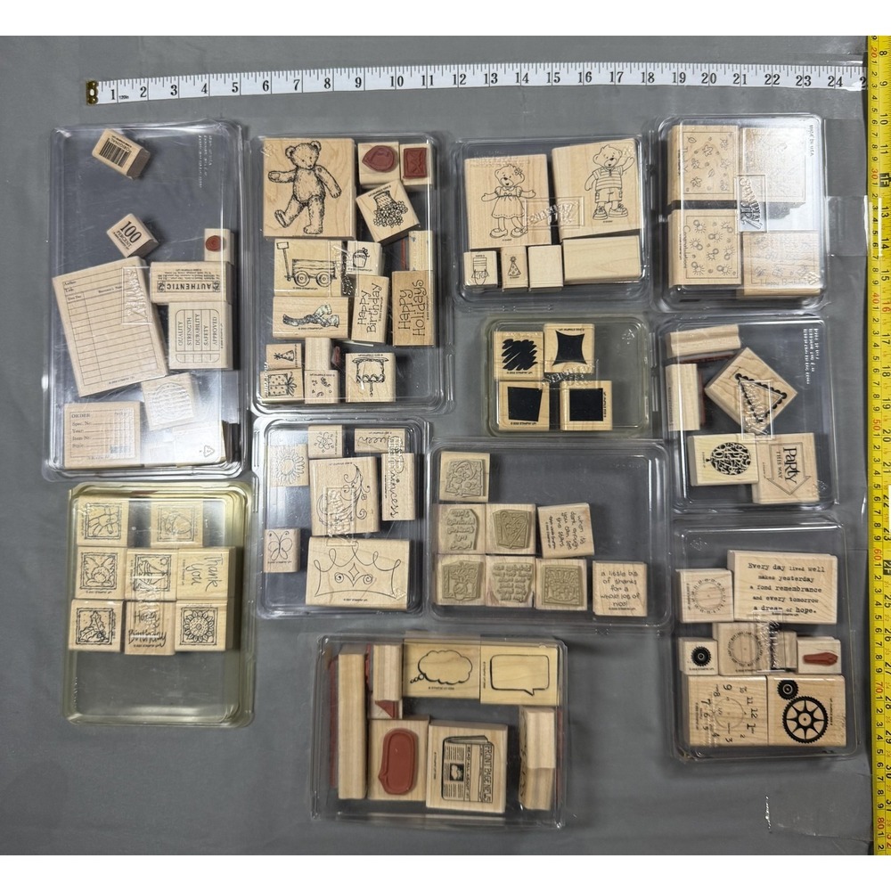 Stampin Up Wood Mounted Rubber Stamps Lot Birthday Kids Party Gears Words Floral